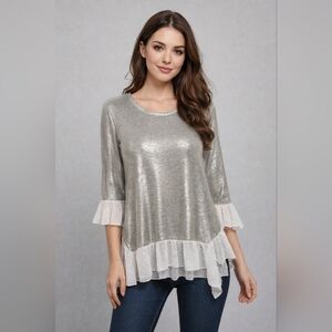 Kim & Cami Metallic Silver Ruffle Hem Top | Size Large ✨
